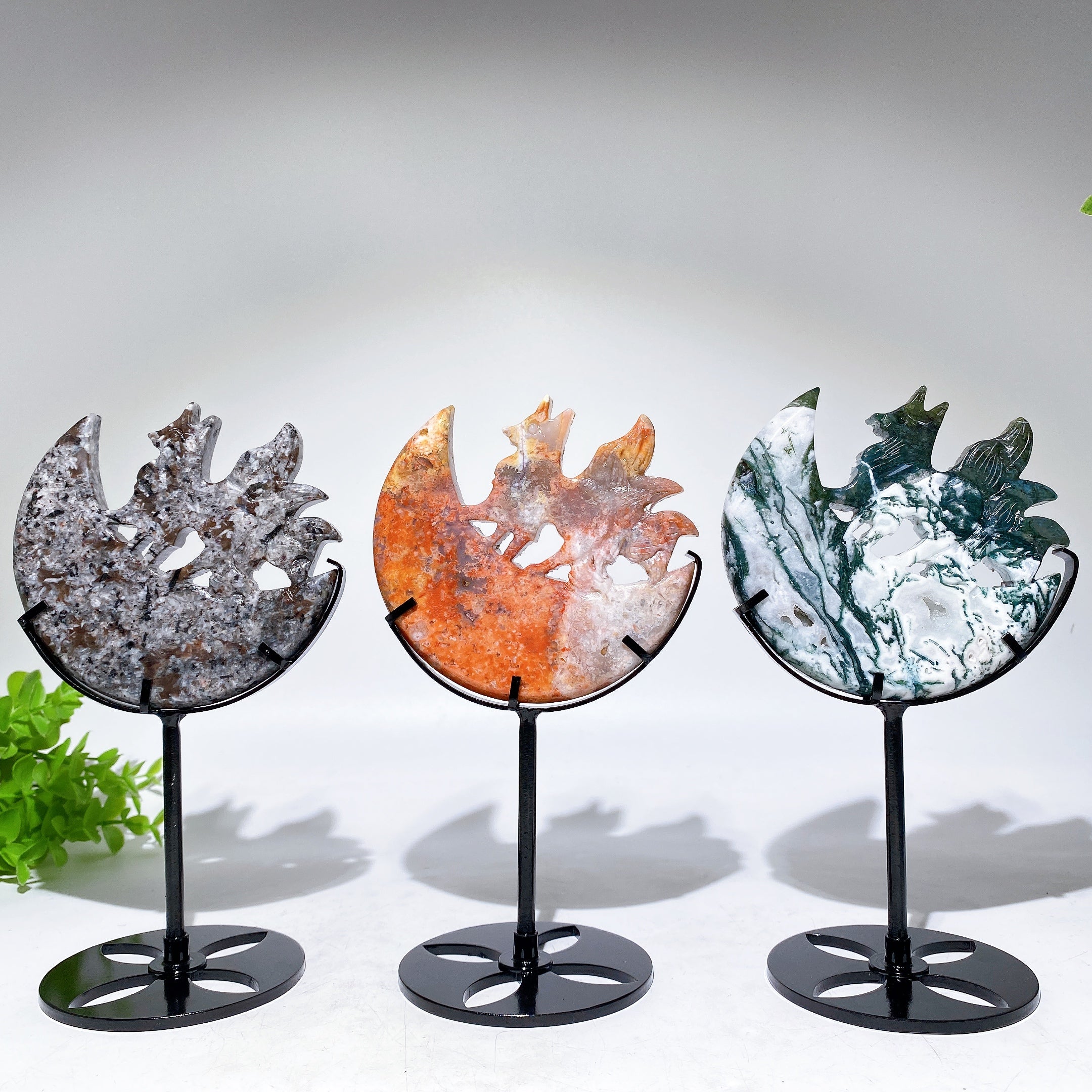 Nine-Tails Fox Crystal Carving with Moon Stand 4-inch