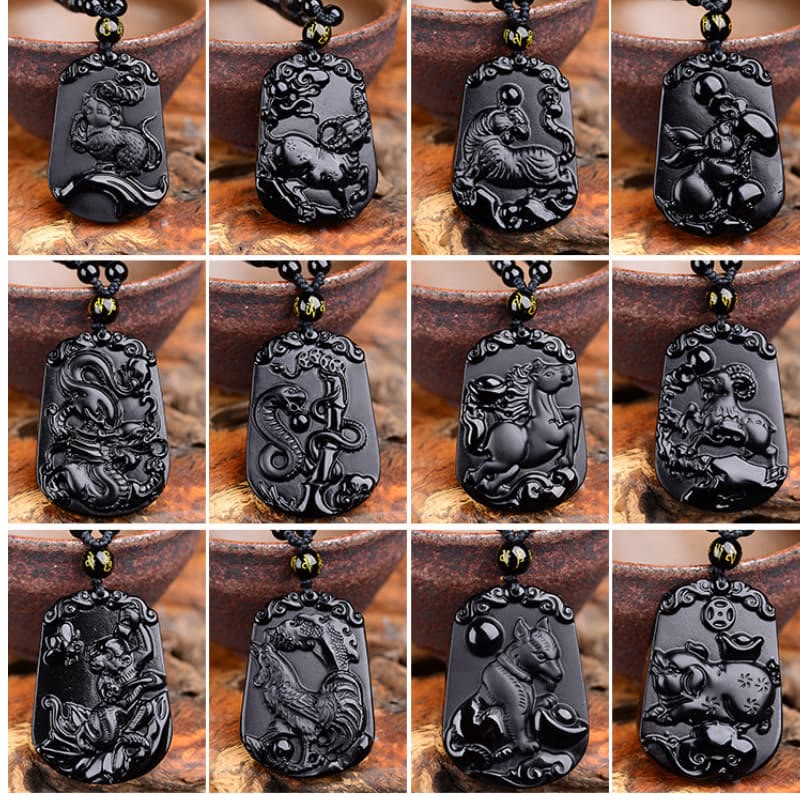Obsidian-Halskette mit chinesischem Sternzeichen und Reinigungserfüllung