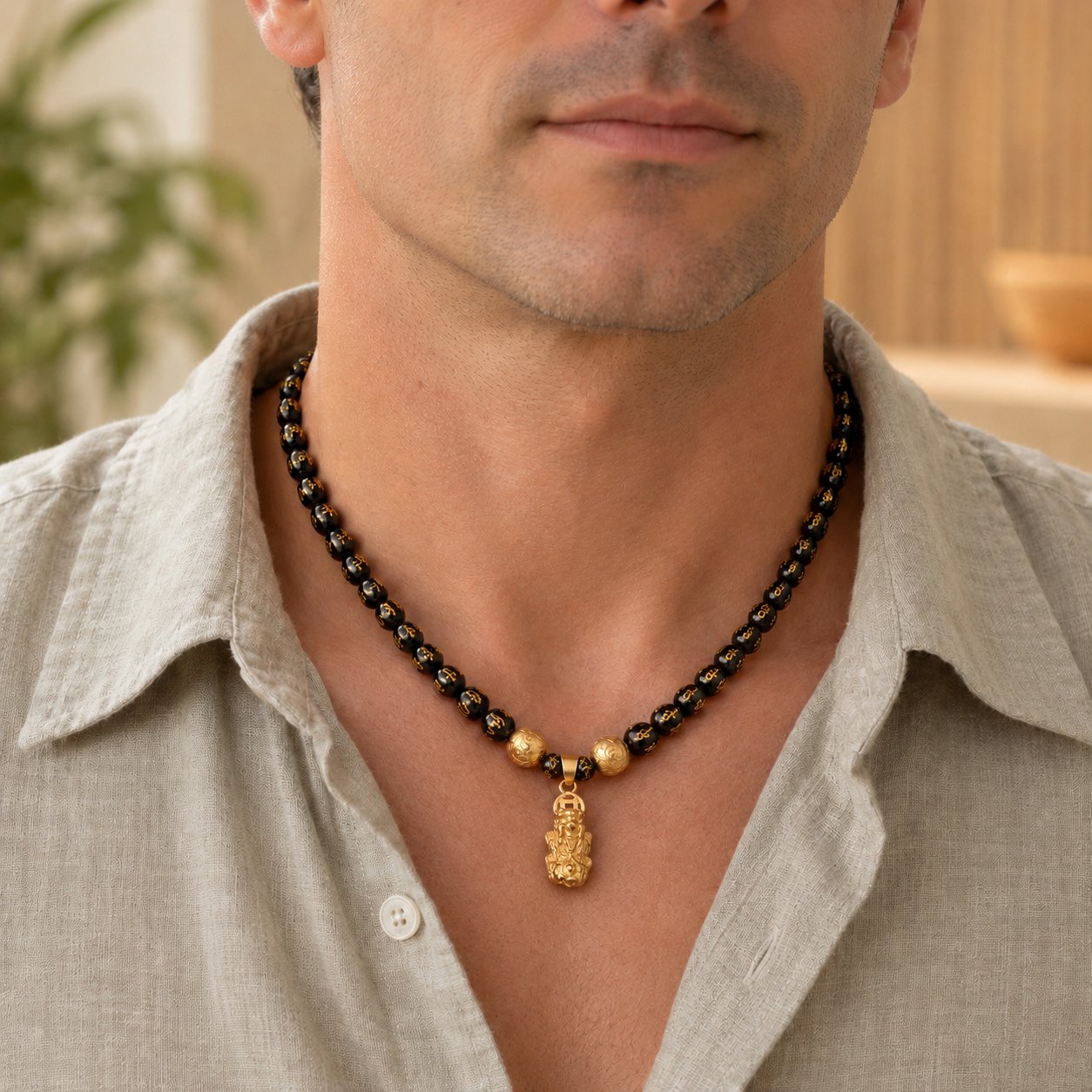 Obsidian Pixiu Necklace, worn on the neck by a man