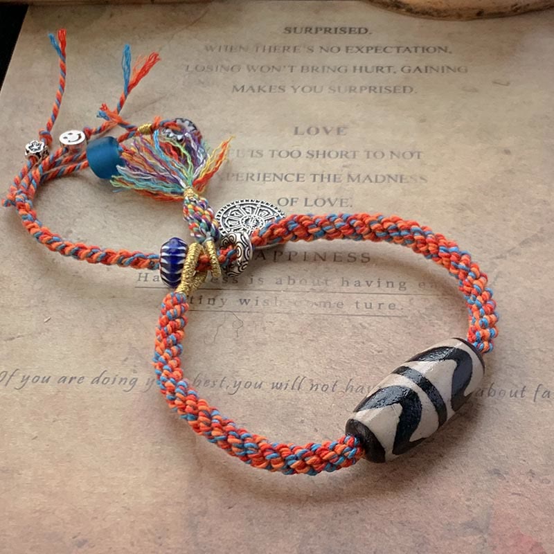 Om Mani Padme Hum Armband | Tibetische Dzi-Perle Silbergeflecht