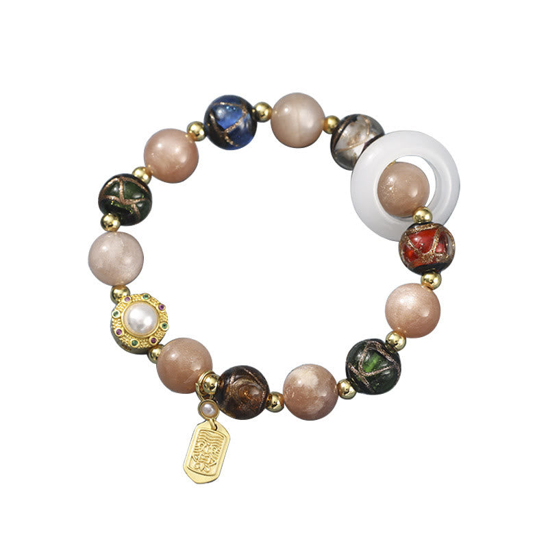 Om Mani Padme Hum Om Armband mit Tridacna &amp; Sonnensteinen 14–16 cm