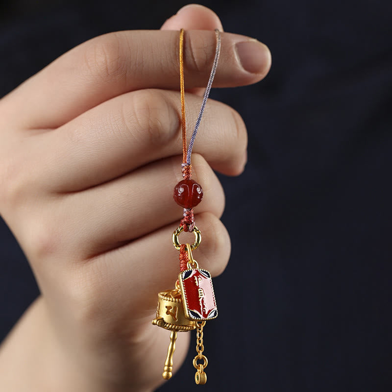 Om Mani Padme Hum Gebetsmühlen-Amulett aus rotem Achat mit Kupfer-Schutzanhänger