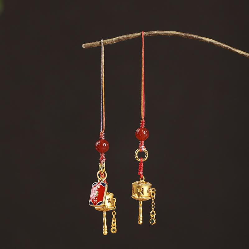 Om Mani Padme Hum Gebetsmühlen-Amulett aus rotem Achat mit Kupfer-Schutzanhänger
