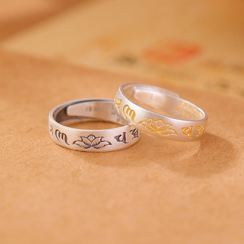 Om Mani Padme Hum Lotus-Ring aus Sterlingsilber, verstellbar