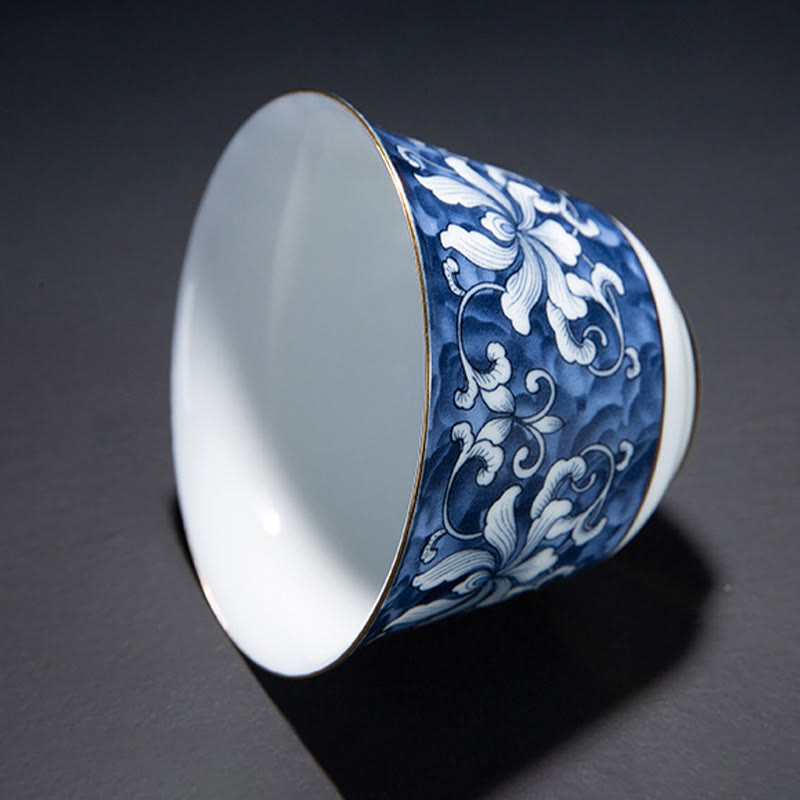 Chinesische Teetasse aus Keramik, Orchidee, 70 ml, mit blauen Meereswellen