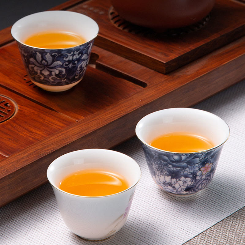 Chinesische Teetasse aus Keramik, Orchidee, 70 ml, mit blauen Meereswellen