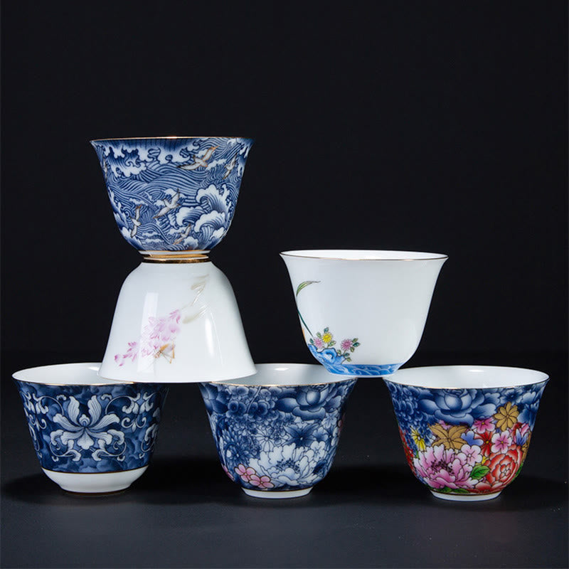 Chinesische Teetasse aus Keramik, Orchidee, 70 ml, mit blauen Meereswellen