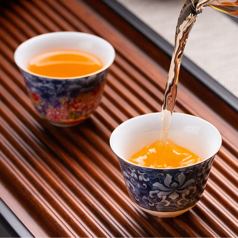 Chinesische Teetasse aus Keramik, Orchidee, 70 ml, mit blauen Meereswellen
