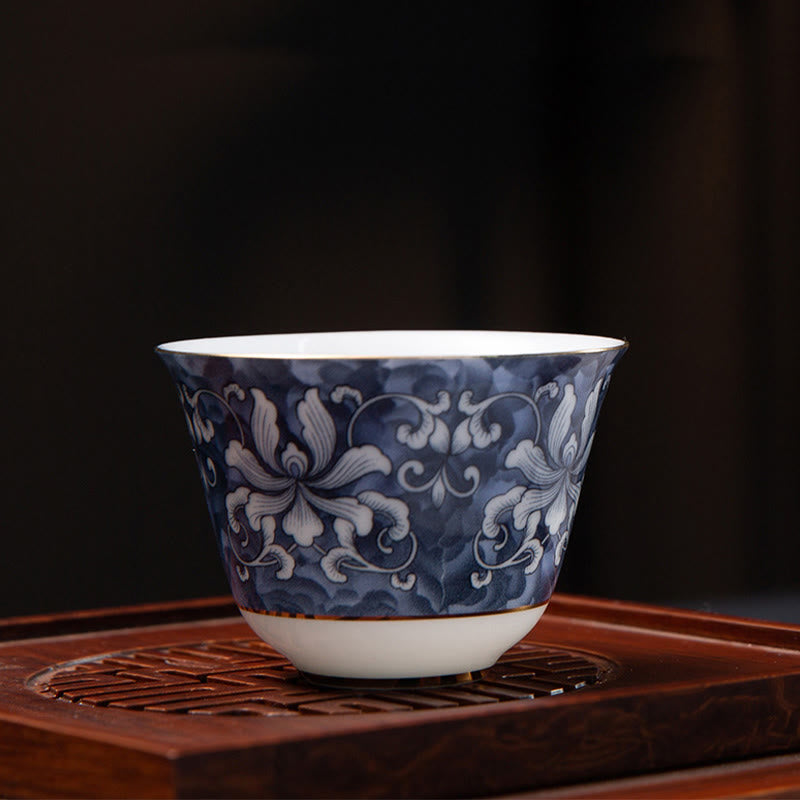 Chinesische Teetasse aus Keramik, Orchidee, 70 ml, mit blauen Meereswellen