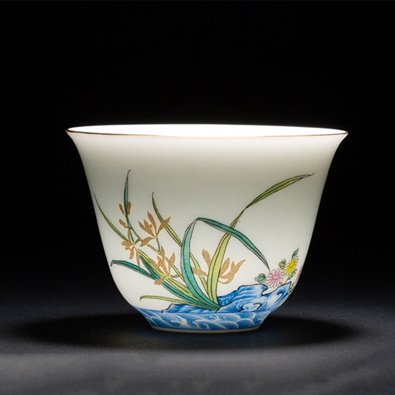 Chinesische Teetasse aus Keramik, Orchidee, 70 ml, mit blauen Meereswellen