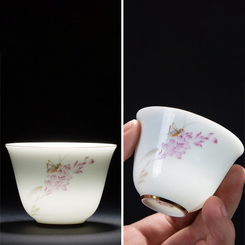Chinesische Teetasse aus Keramik, Orchidee, 70 ml, mit blauen Meereswellen