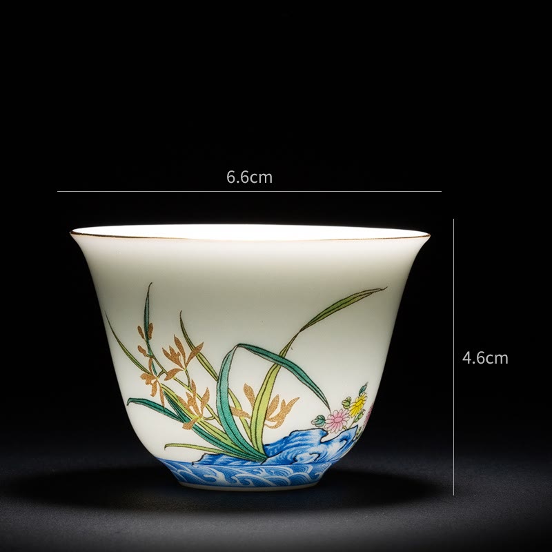 Chinesische Teetasse aus Keramik, Orchidee, 70 ml, mit blauen Meereswellen