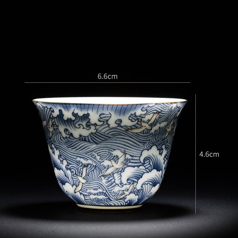Chinesische Teetasse aus Keramik, Orchidee, 70 ml, mit blauen Meereswellen