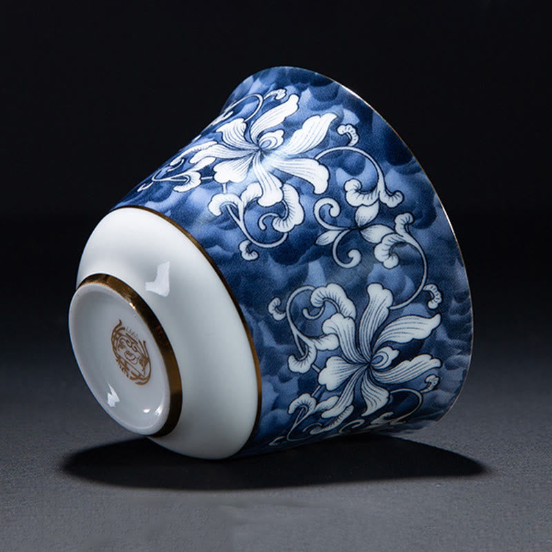 Chinesische Teetasse aus Keramik, Orchidee, 70 ml, mit blauen Meereswellen