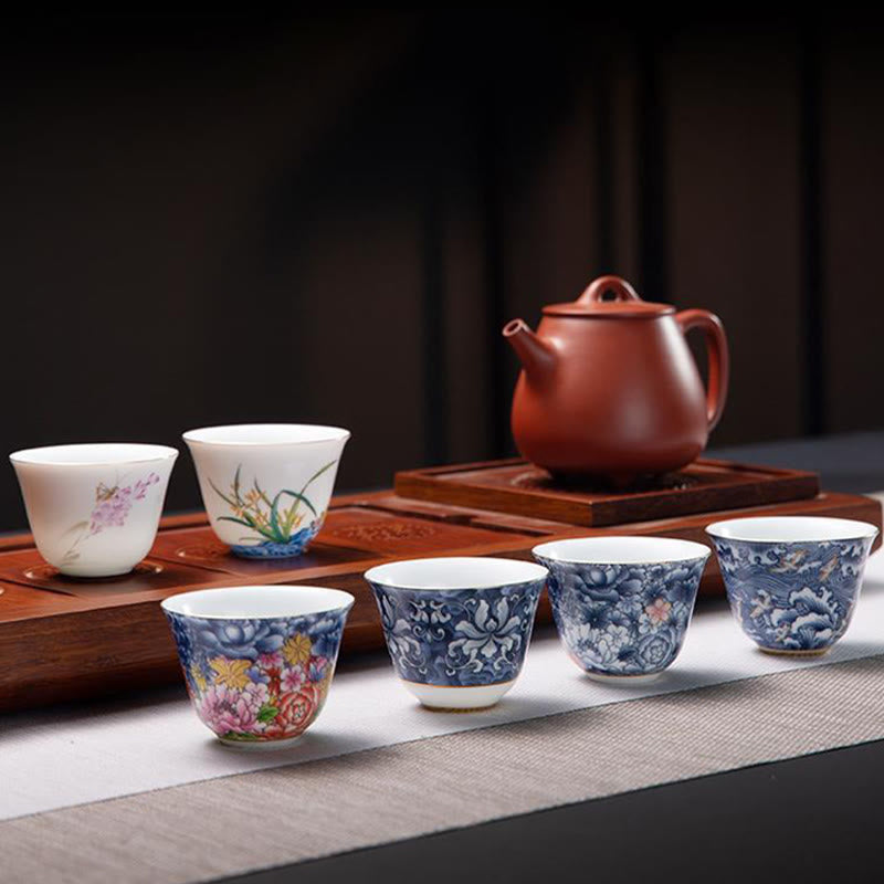 Chinesische Teetasse aus Keramik, Orchidee, 70 ml, mit blauen Meereswellen