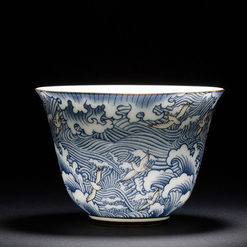 Chinesische Teetasse aus Keramik, Orchidee, 70 ml, mit blauen Meereswellen