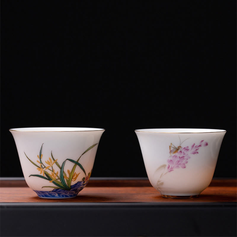 Chinesische Teetasse aus Keramik, Orchidee, 70 ml, mit blauen Meereswellen