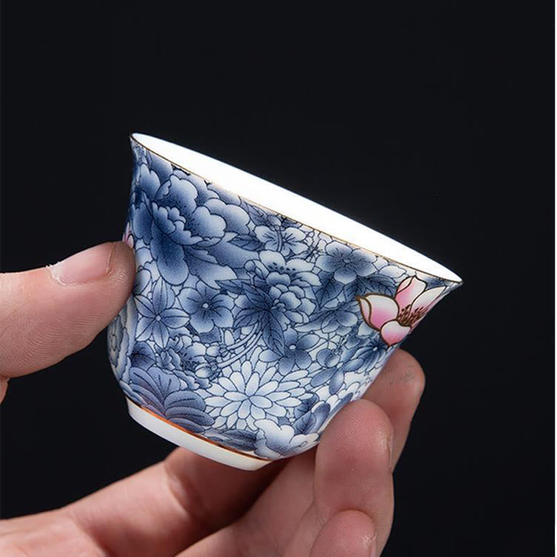 Chinesische Teetasse aus Keramik, Orchidee, 70 ml, mit blauen Meereswellen