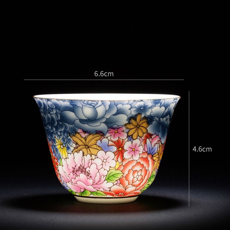 Chinesische Teetasse aus Keramik, Orchidee, 70 ml, mit blauen Meereswellen
