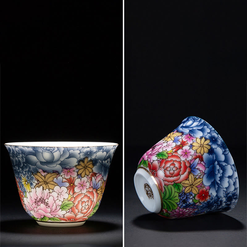 Chinesische Teetasse aus Keramik, Orchidee, 70 ml, mit blauen Meereswellen
