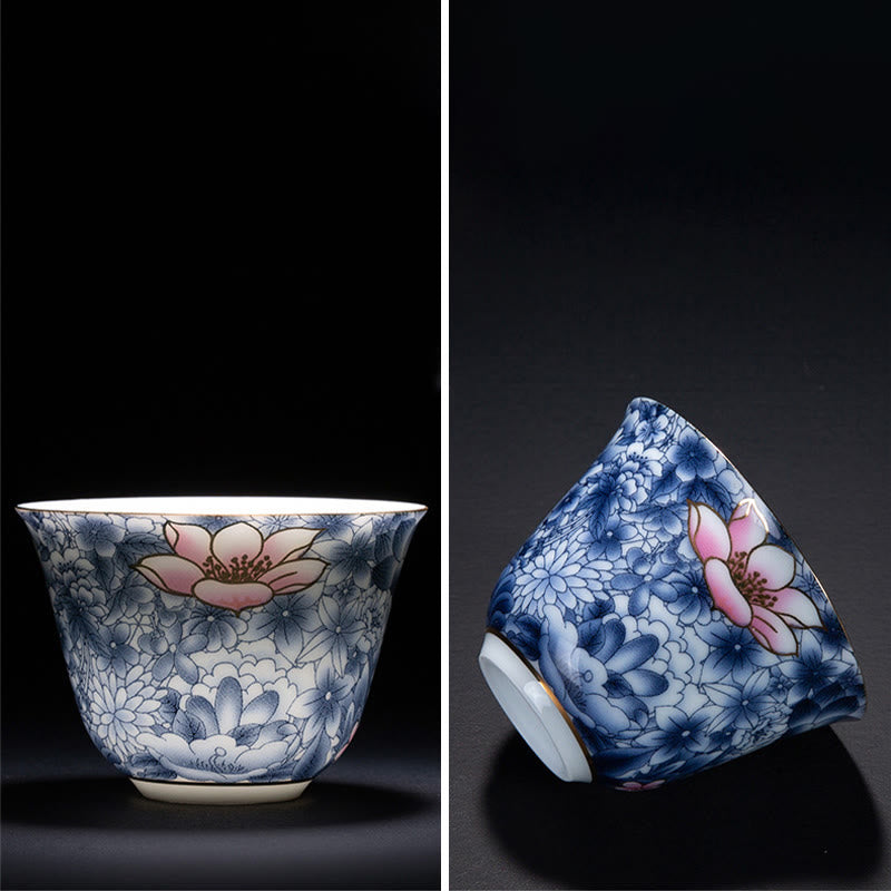 Chinesische Teetasse aus Keramik, Orchidee, 70 ml, mit blauen Meereswellen