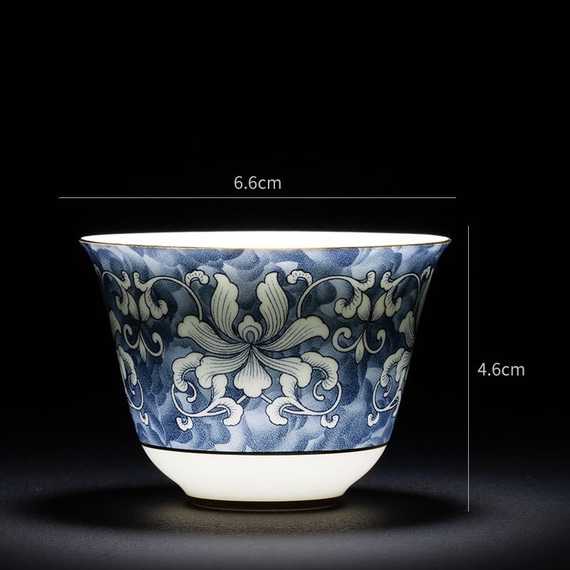 Chinesische Teetasse aus Keramik, Orchidee, 70 ml, mit blauen Meereswellen