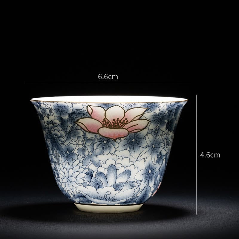 Chinesische Teetasse aus Keramik, Orchidee, 70 ml, mit blauen Meereswellen