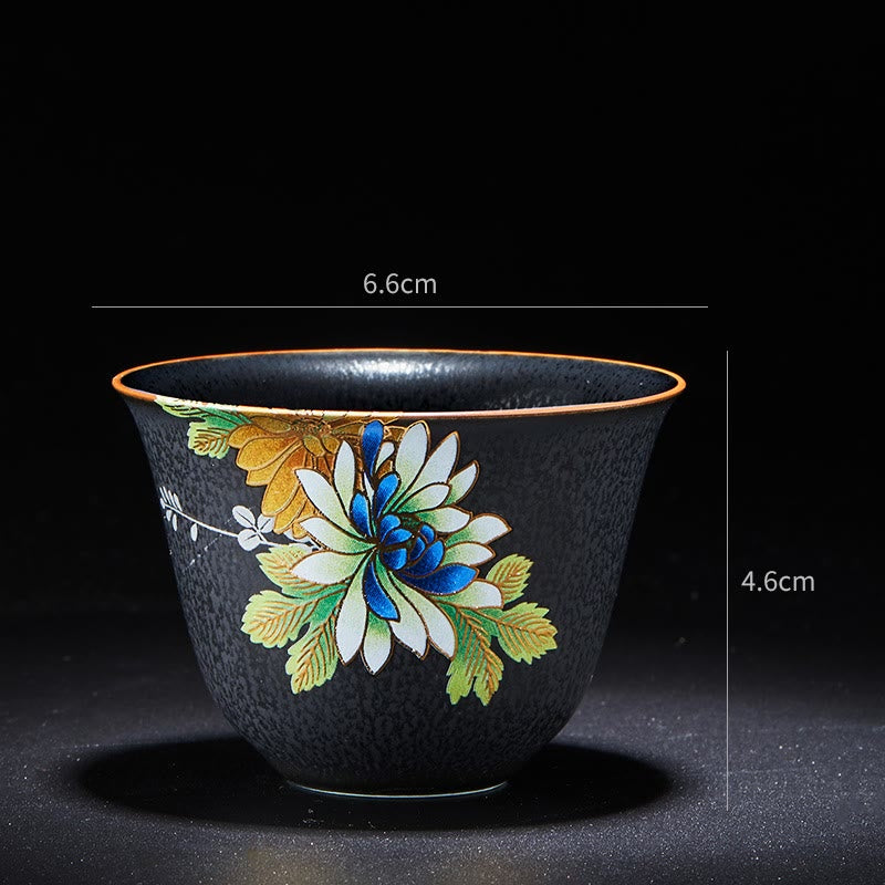 Chinesische Teetasse aus Keramik, Orchidee, 70 ml, mit blauen Meereswellen