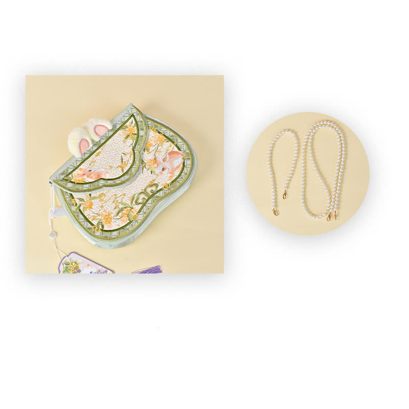 Umhängetasche mit Osmanthus-Kaninchen-Stickerei und Perlenkette