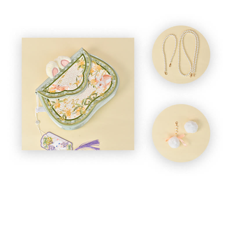 Umhängetasche mit Osmanthus-Kaninchen-Stickerei und Perlenkette