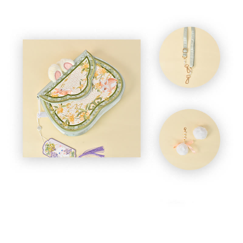 Umhängetasche mit Osmanthus-Kaninchen-Stickerei und Perlenkette