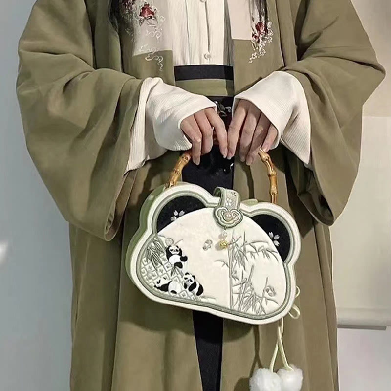 Umhängetasche mit Panda-Bambus-Stickerei und Perlenkette, 19,5 cm