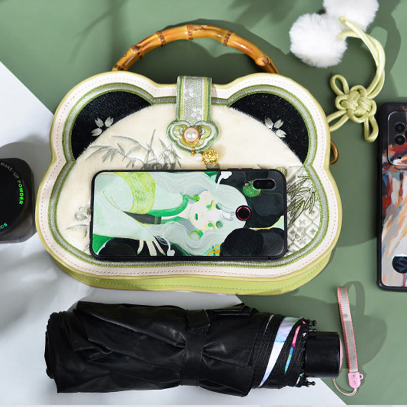 Umhängetasche mit Panda-Bambus-Stickerei und Perlenkette, 19,5 cm