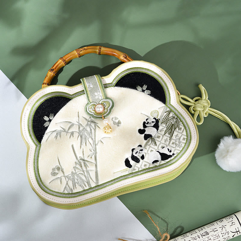 Umhängetasche mit Panda-Bambus-Stickerei und Perlenkette, 19,5 cm