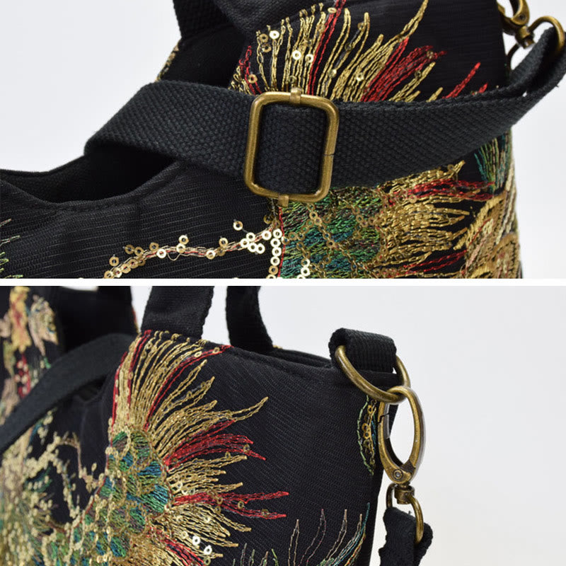 Pfauenbestickte Tragetasche | Schultertasche aus Canvas