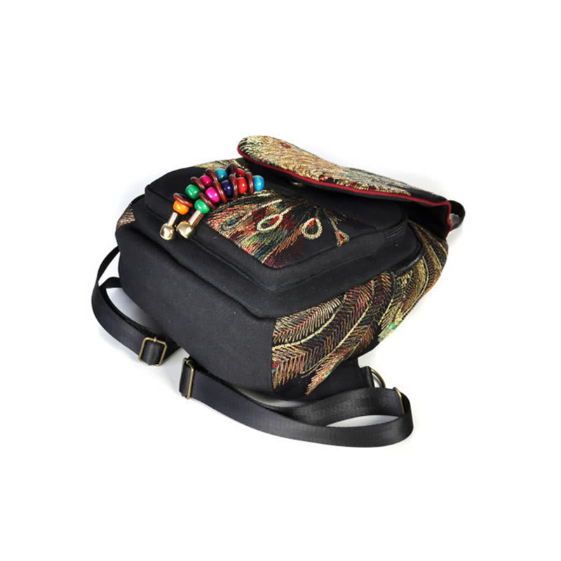 Rucksack aus Segeltuch mit Pfauenstickerei und Quaste für spirituelle Zwecke
