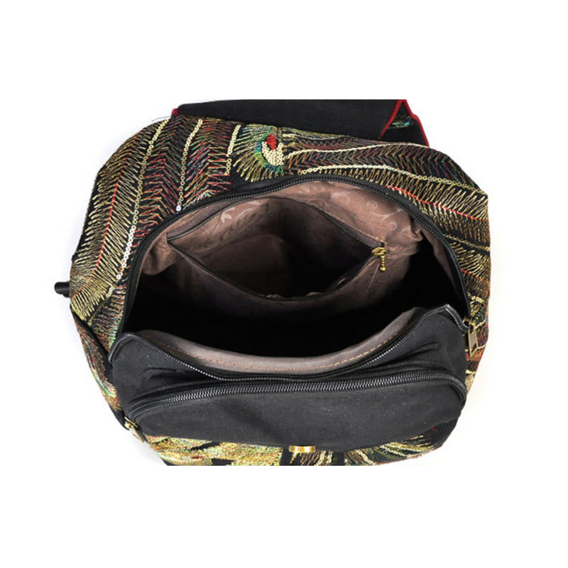 Rucksack aus Segeltuch mit Pfauenstickerei und Quaste für spirituelle Zwecke