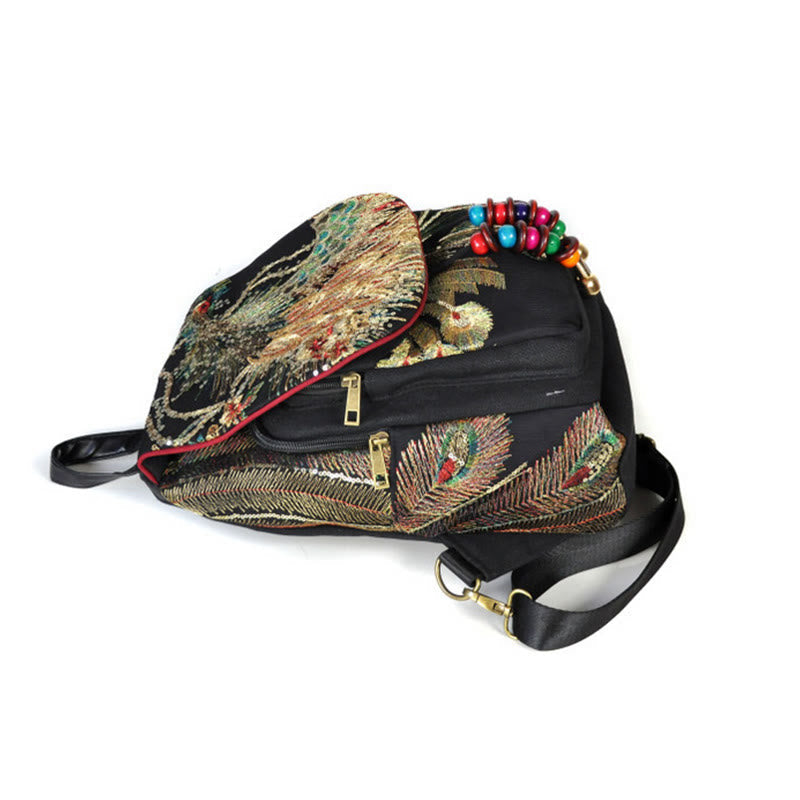 Rucksack aus Segeltuch mit Pfauenstickerei und Quaste für spirituelle Zwecke