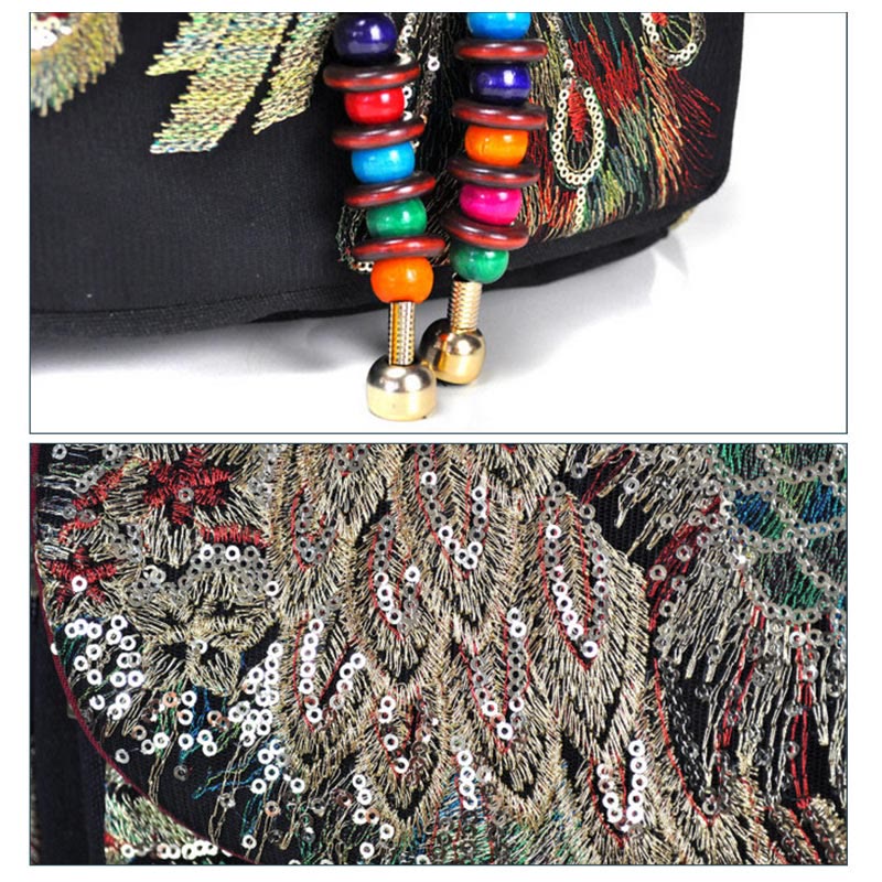 Rucksack aus Segeltuch mit Pfauenstickerei und Quaste für spirituelle Zwecke