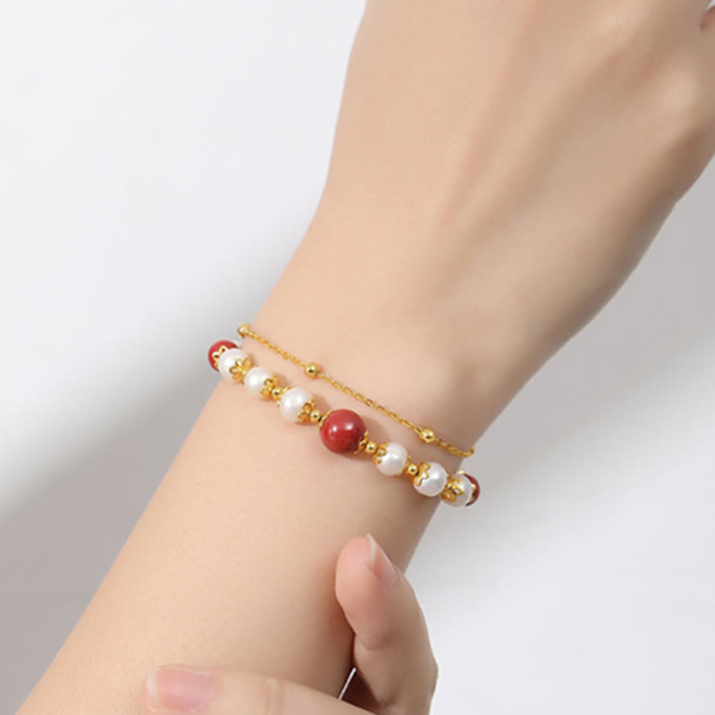 Perlen-Zinnober-Armband aus 925er Silber mit zweireihiger Wisdom-Kette