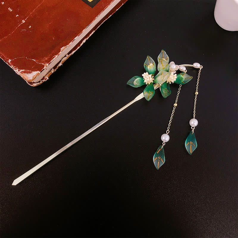 Haarnadel mit Perlen-Blumen-Blatt-Quaste für Ruhe und Reichtum
