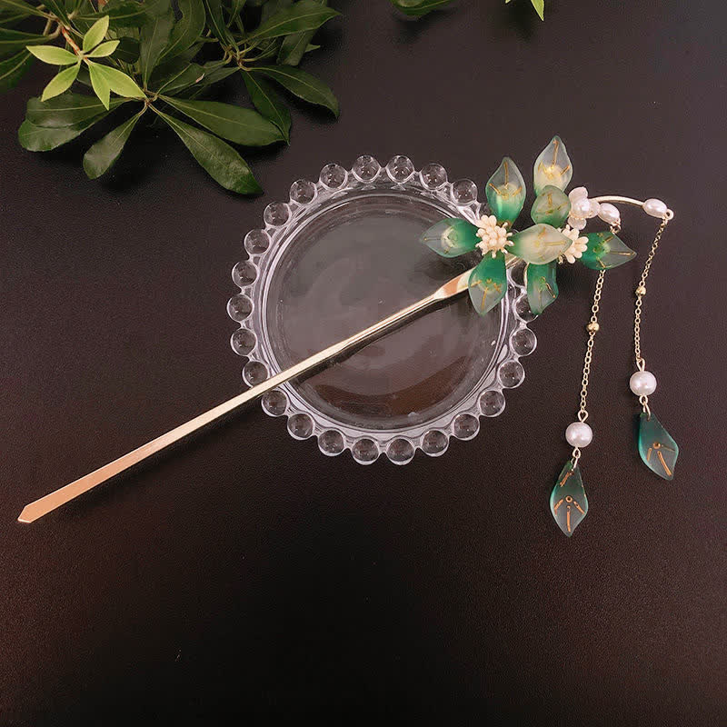 Haarnadel mit Perlen-Blumen-Blatt-Quaste für Ruhe und Reichtum