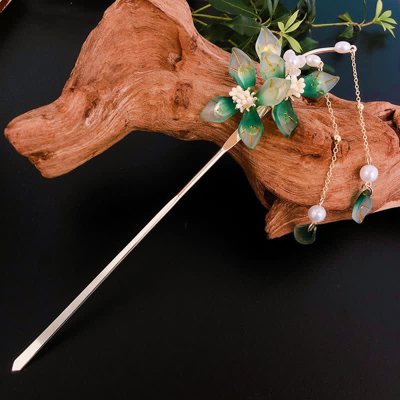 Haarnadel mit Perlen-Blumen-Blatt-Quaste für Ruhe und Reichtum