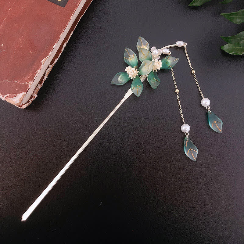 Haarnadel mit Perlen-Blumen-Blatt-Quaste für Ruhe und Reichtum