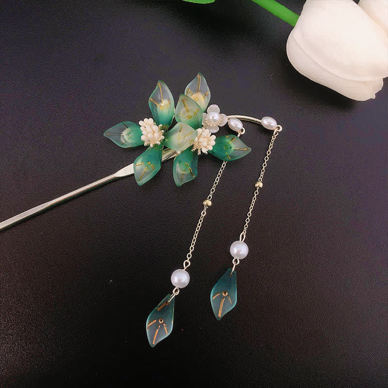 Haarnadel mit Perlen-Blumen-Blatt-Quaste für Ruhe und Reichtum