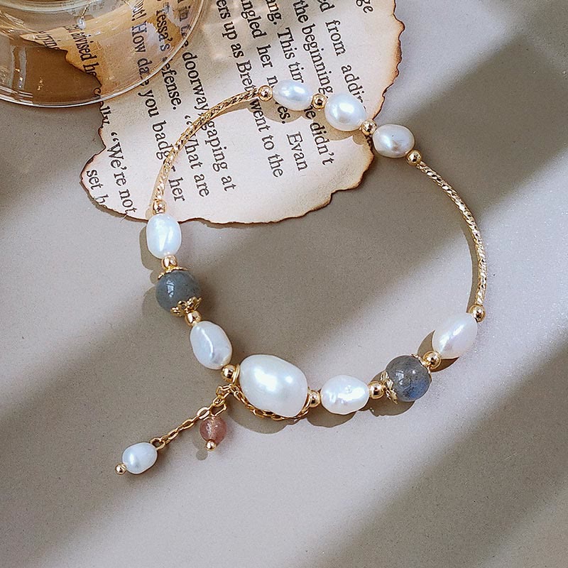 Perlen-Mondstein-Optimismus-Armband mit Erdbeerquarz-Perlen