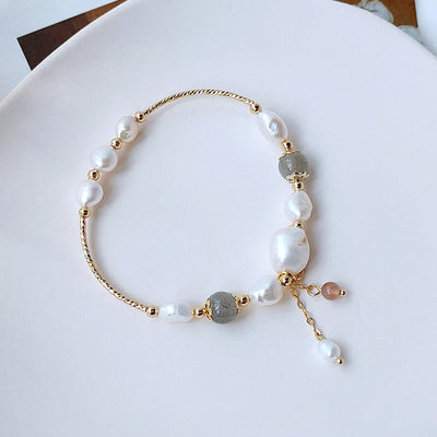 Perlen-Mondstein-Optimismus-Armband mit Erdbeerquarz-Perlen