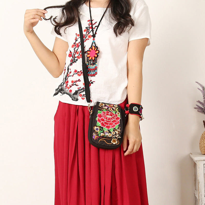 Umhängetasche aus Canvas mit Pfingstrosenstickerei | Yogatasche