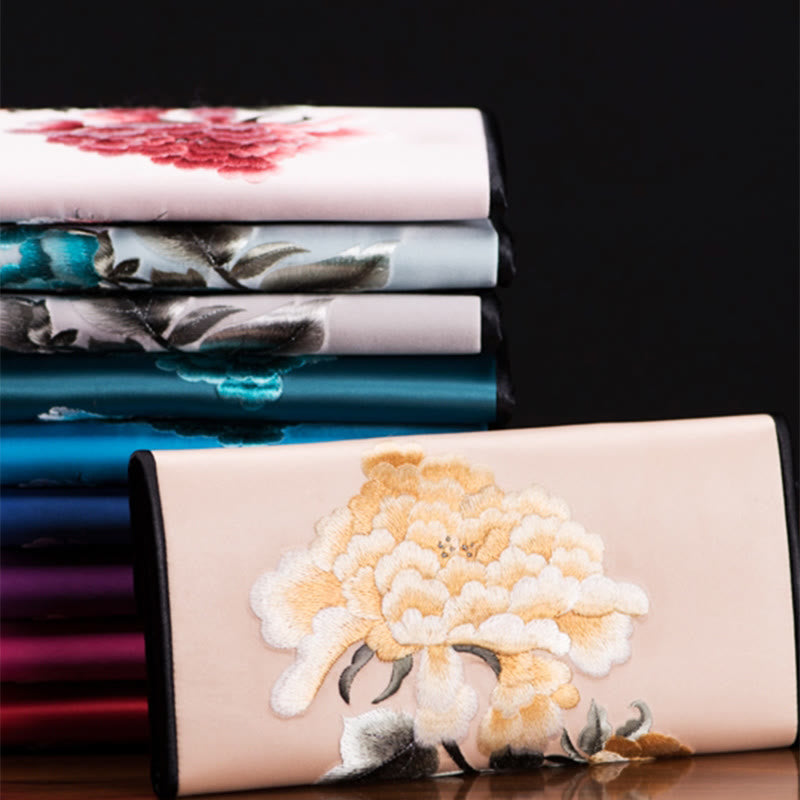 Lange Handtasche mit Pfingstrosenblumen-Stickerei, 20 x 10 cm