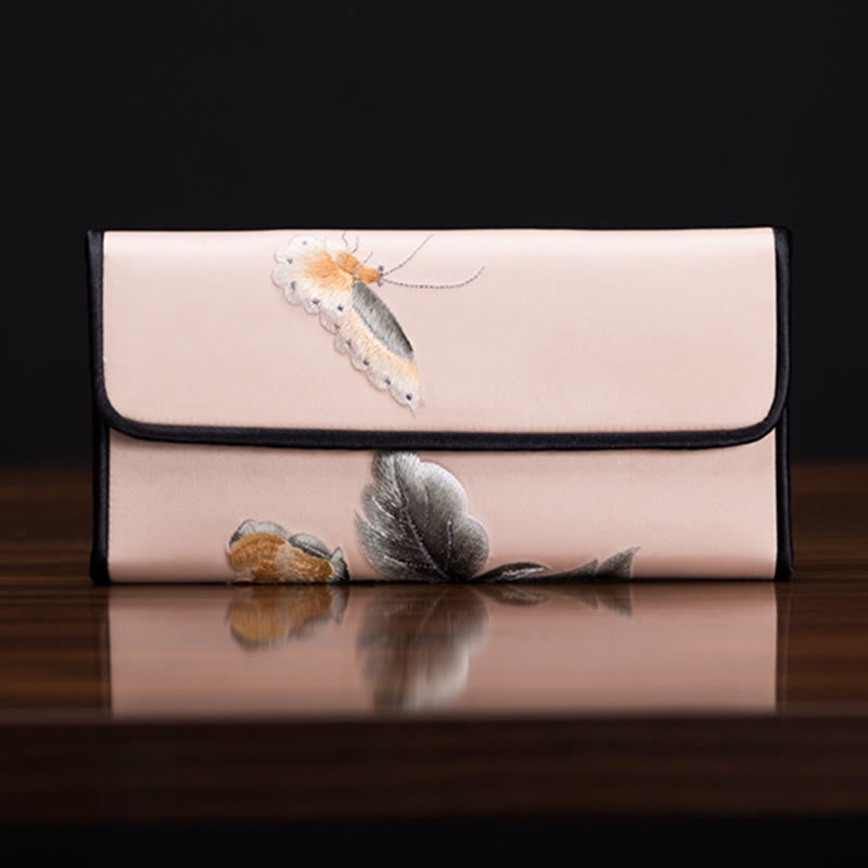 Lange Handtasche mit Pfingstrosenblumen-Stickerei, 20 x 10 cm